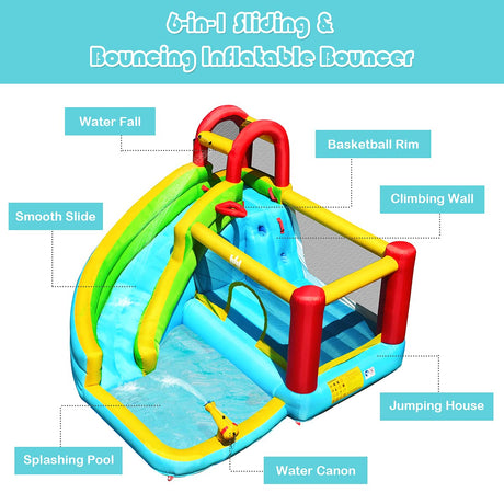 HONEY JOY Inflatable Water Slide, 6 in 1 Jumping Bounce House w/Climbing Wall, Splash Pool (Without Blower)