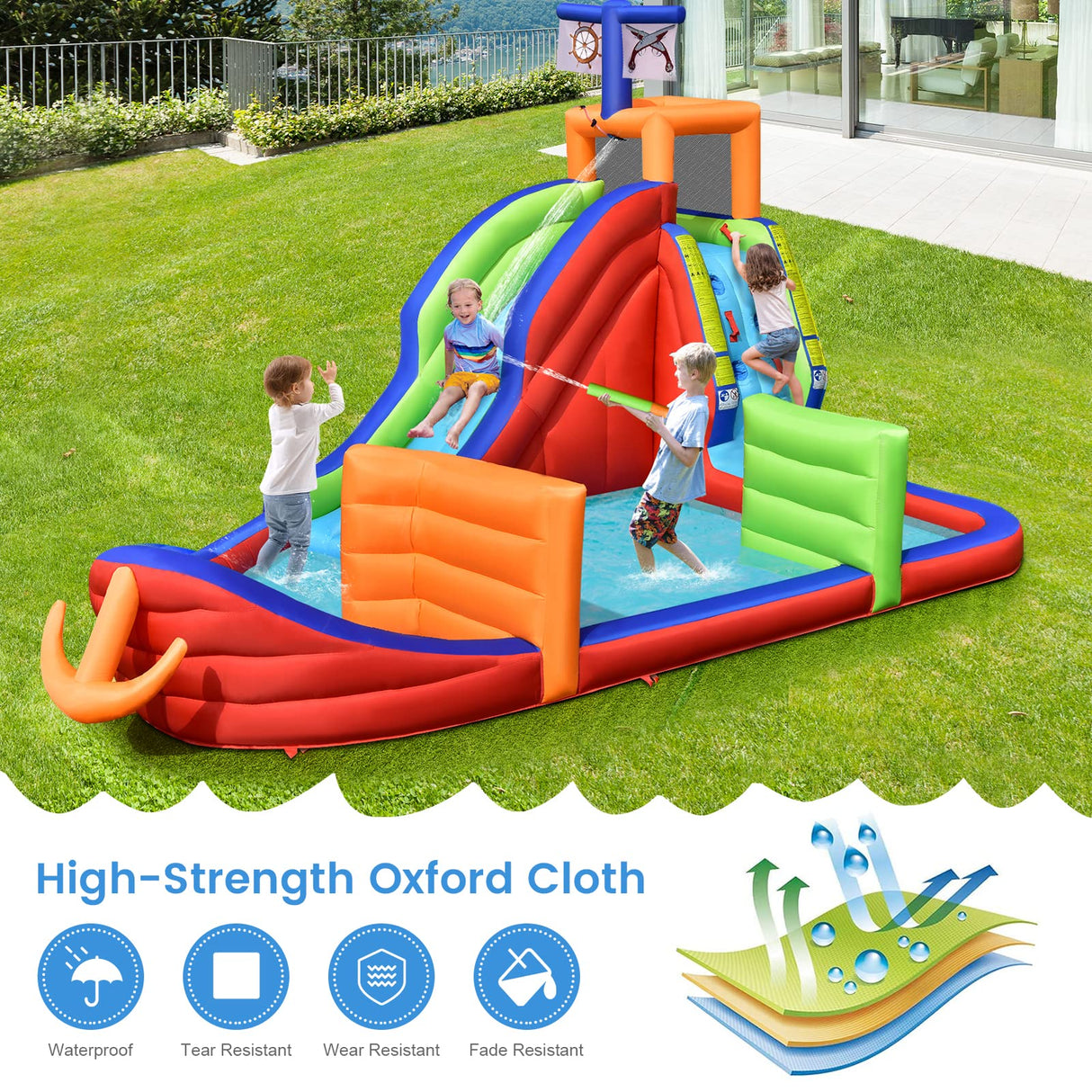 HONEY JOY Inflatable Waterslide, 6-in-1 Pirate Ship Bounce House