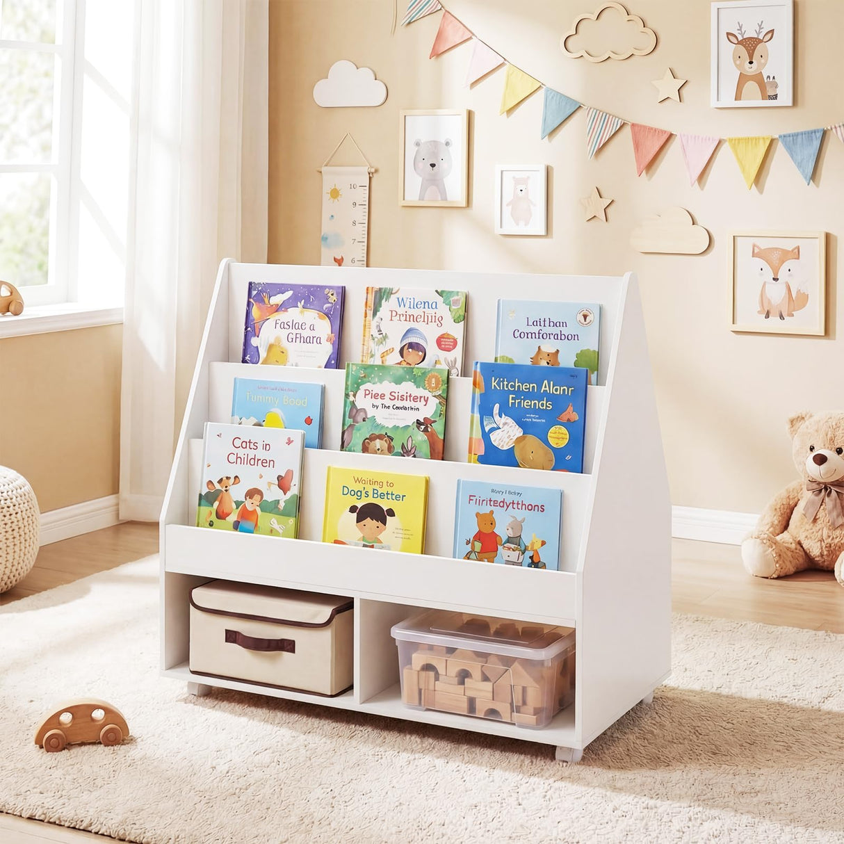 HONEY JOY Double-Sided Kids Bookshelf, Toddler Book Shelf