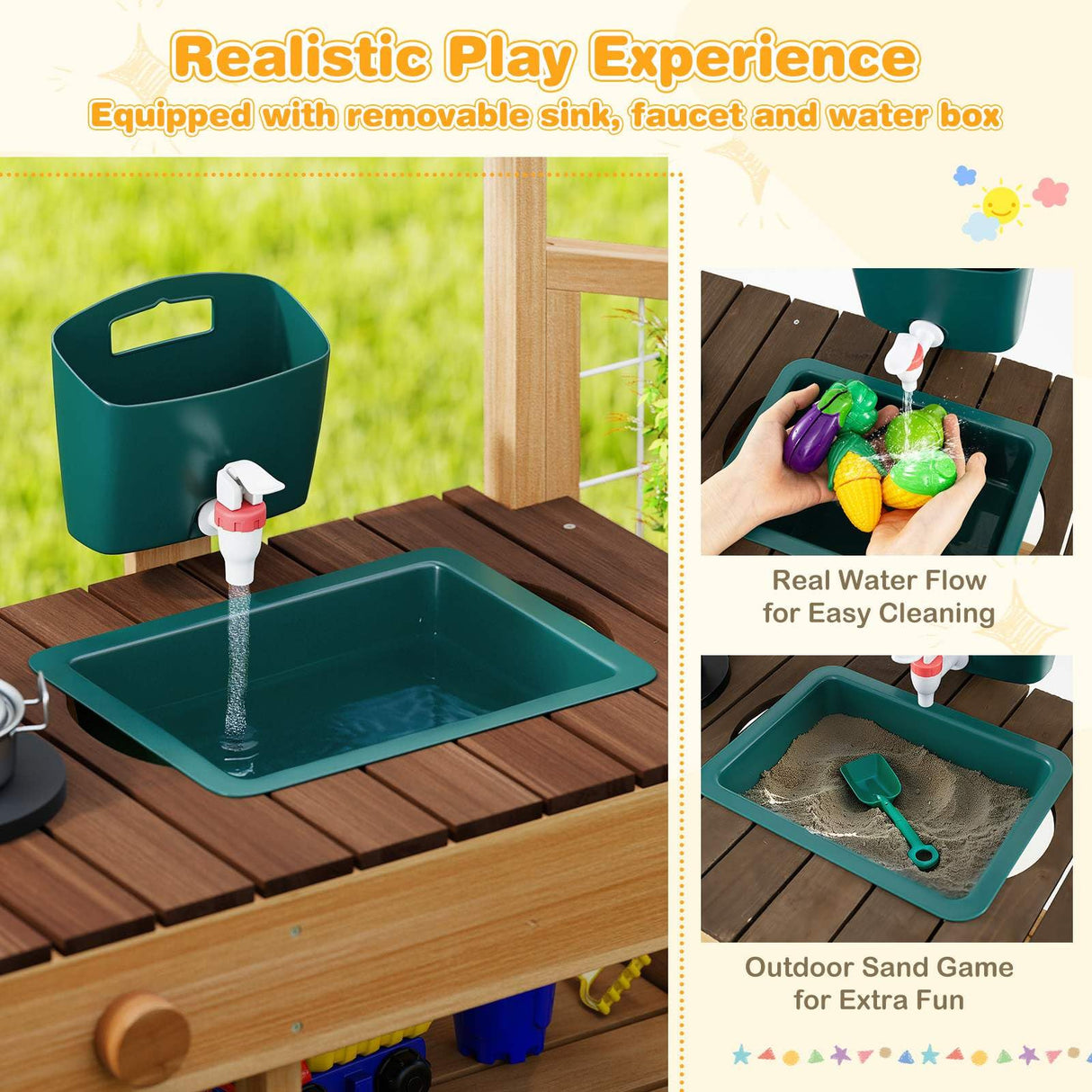 Children's play sink with water flow feature on a wooden surface, outdoor sand game included.