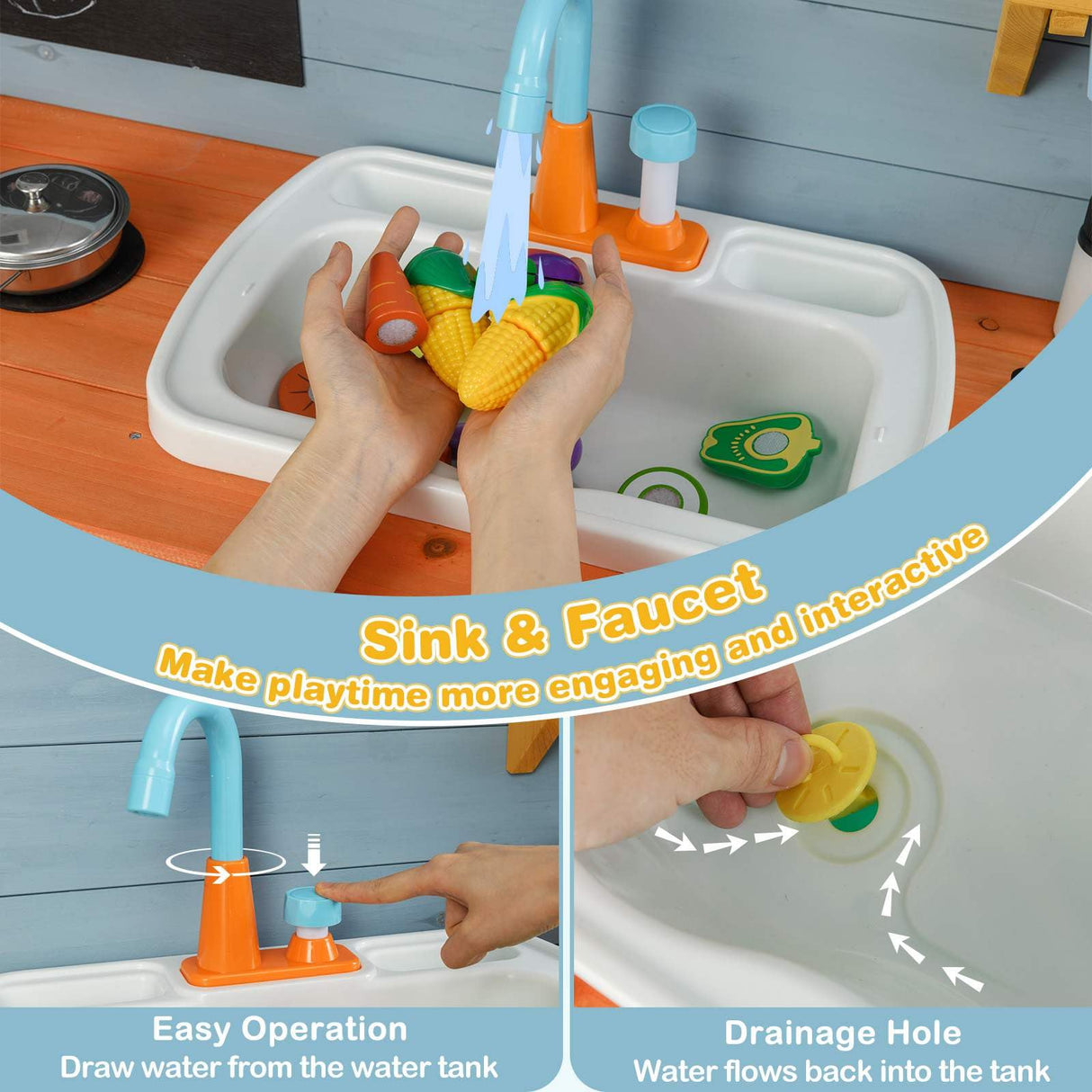 Children's toy sink with faucet and toys inside, showing easy operation and drainage feature.