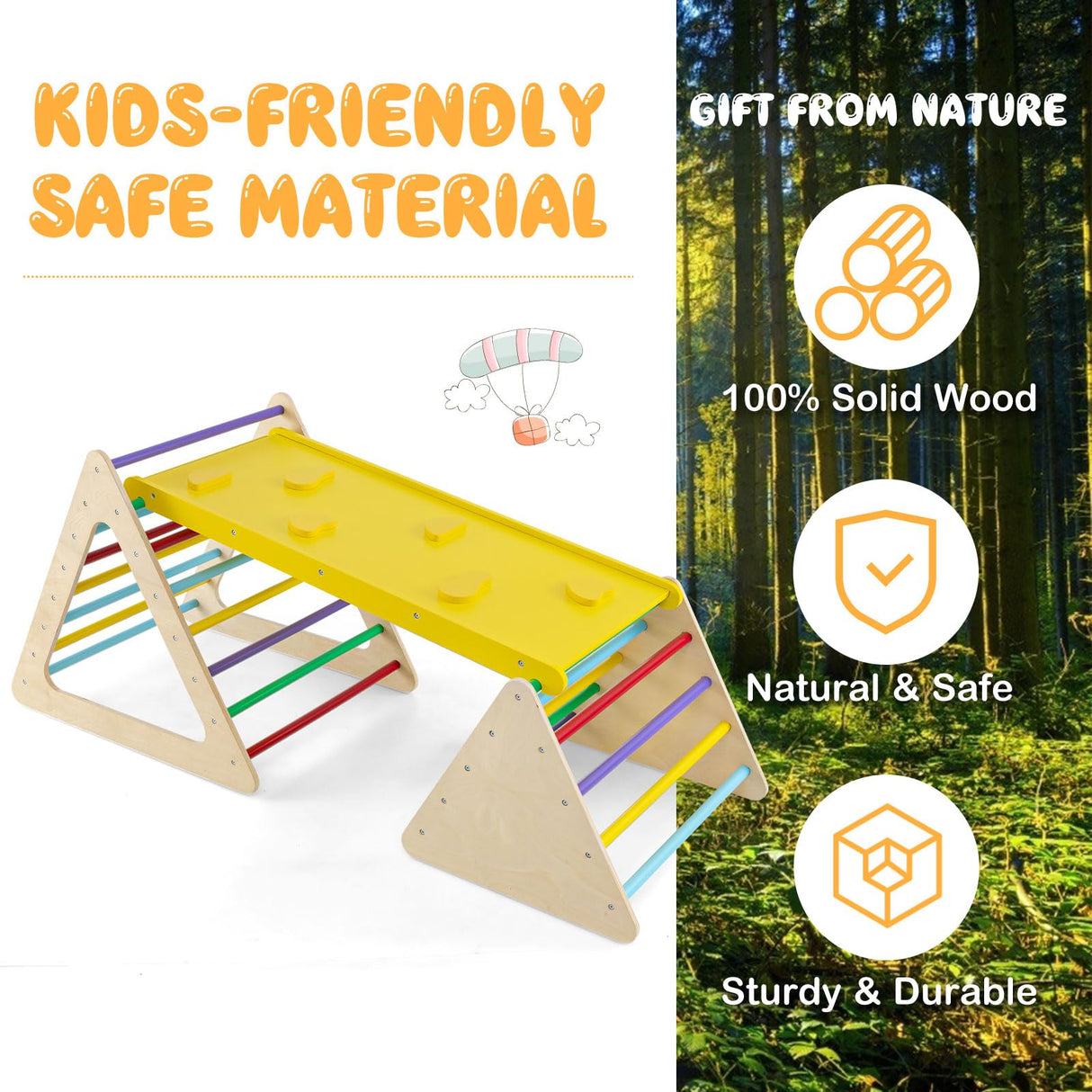 HONEY JOY 3 in 1 Triangle Climber with Ramp, Wooden Climbing Toys for Toddlers