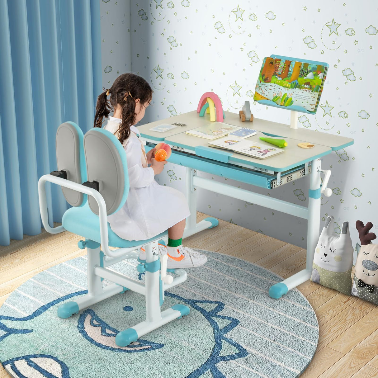 HONEY JOY Height-Adjustable Kids Desk w/Tilt Desktop & Book Stand, Storage Drawer & Scale Ruler
