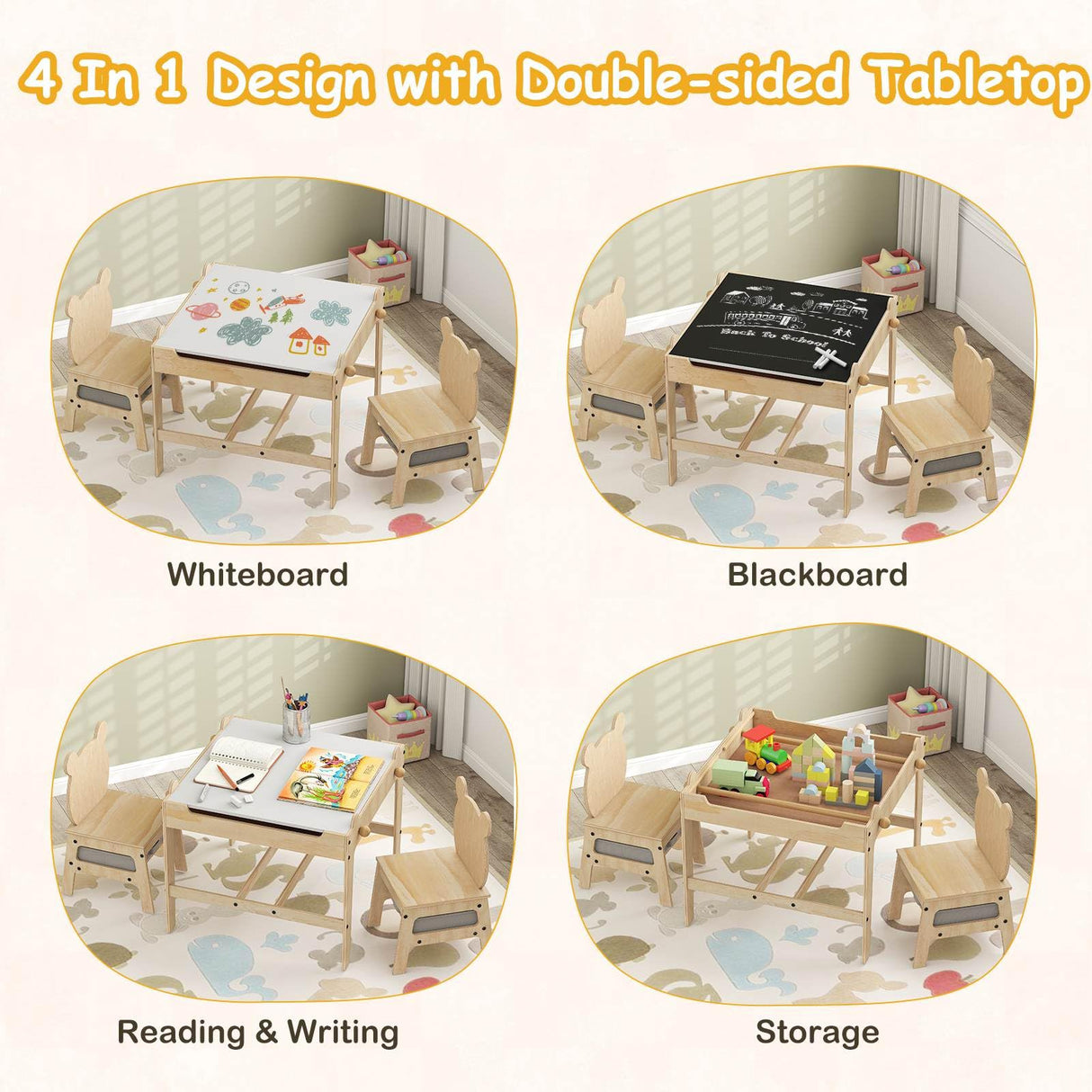 4-in-1 Kids Table and Chairs Set with Reversible Whiteboard for Arts Bear Style
