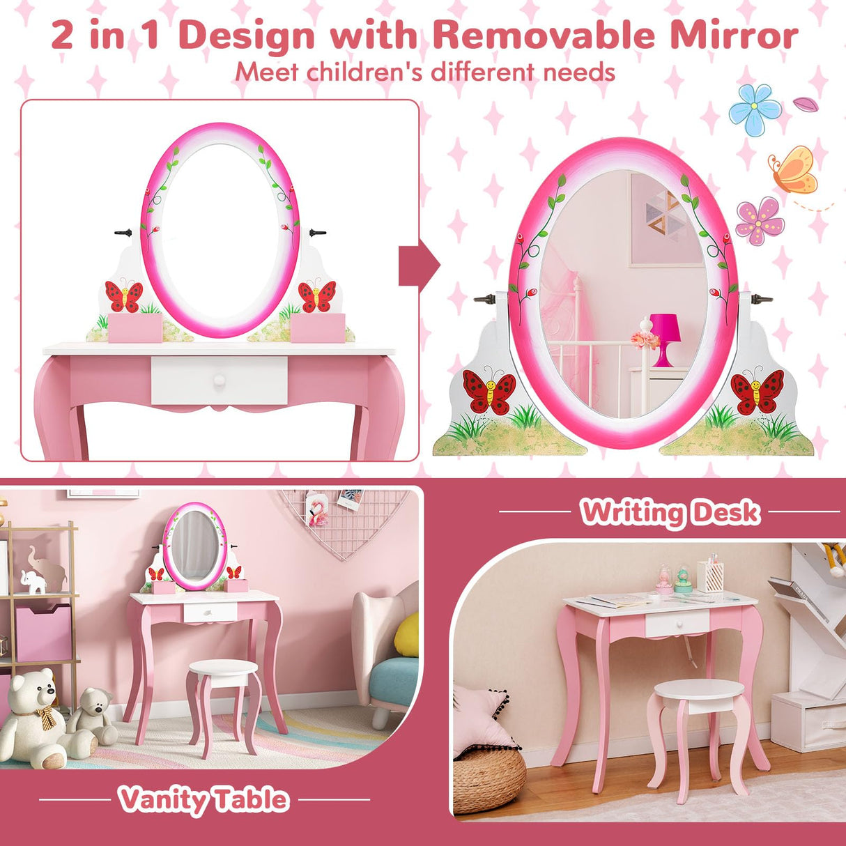 HONEY JOY Kids Vanity Table & Stool Set, Girls Makeup Dressing Desk Chair