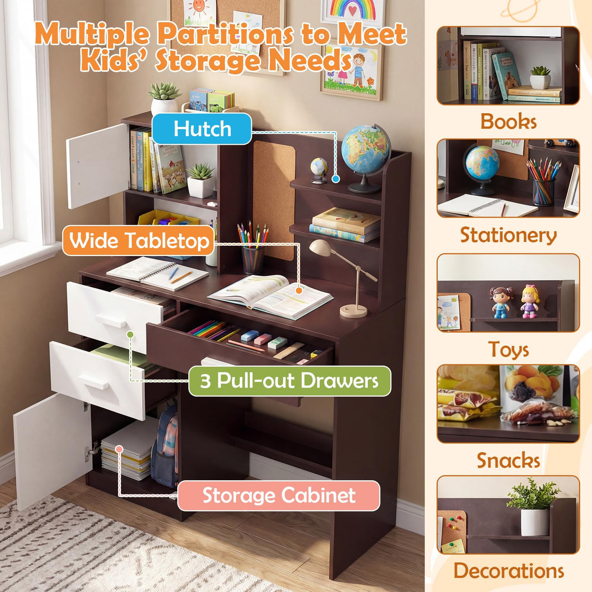 HONEY JOY Kids Desk and Chair Set, Study Table w/Hutch, Bulletin Board