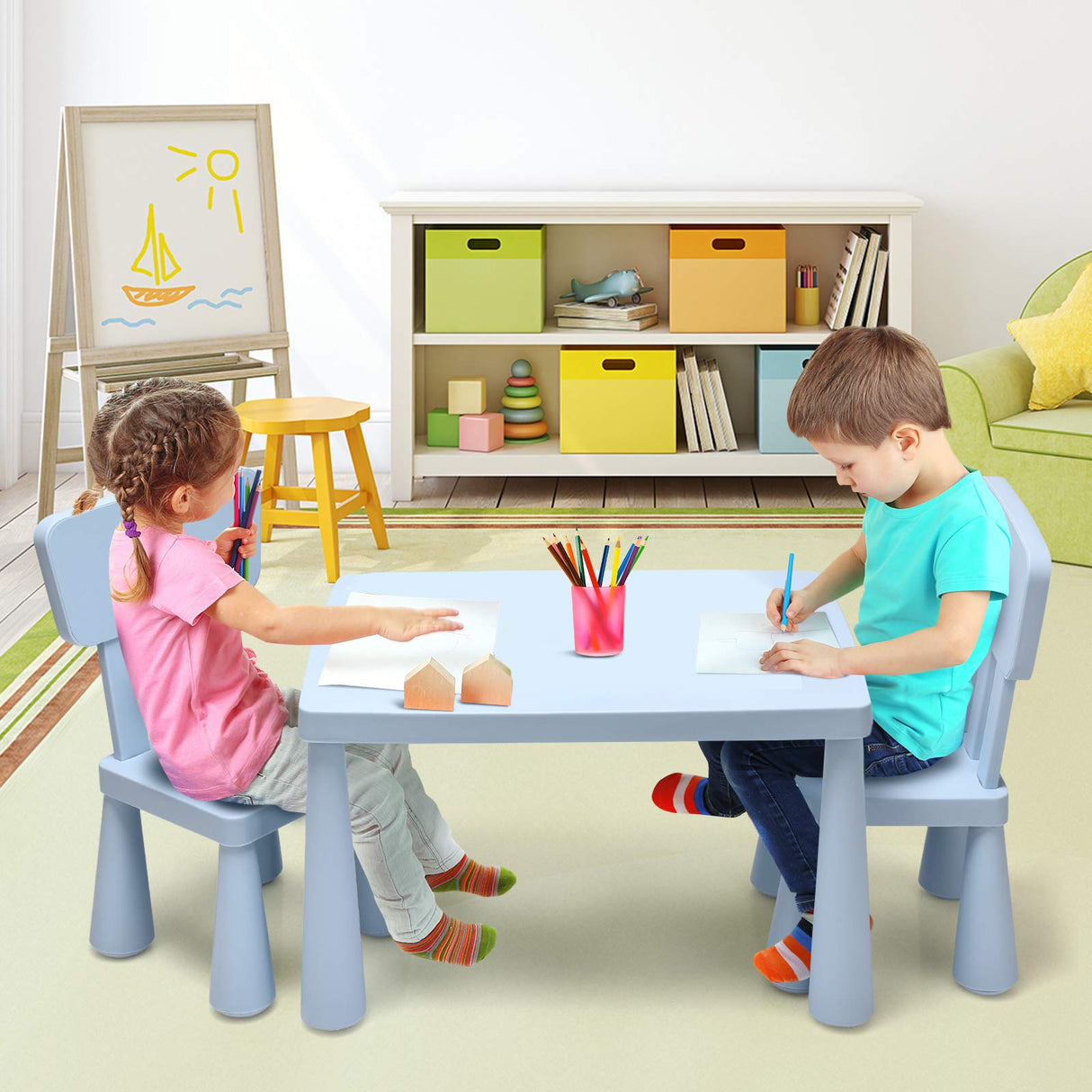 BABY JOY Kids Table and Chair Set, 3 Piece Children Activity Table for Reading, Drawing, Writing