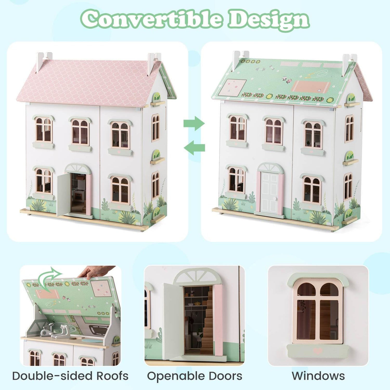 HONEY JOY Kids Wooden Dollhouse, 3 Level Doll House Playset