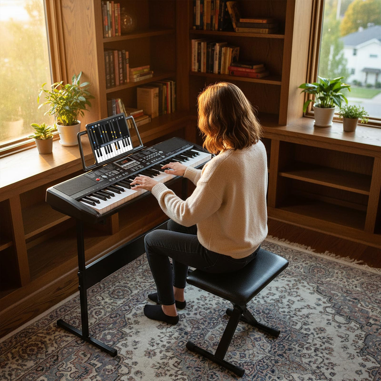 61 Keys Beginners Piano Keyboard, Electric Keyboard Kit with Adjustable Stand & Stool