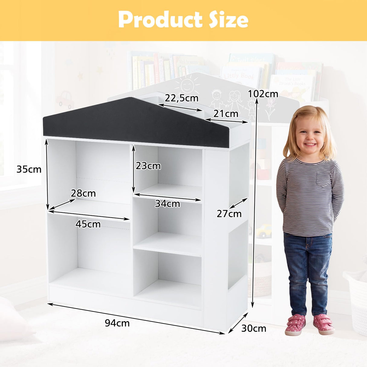 HONEY JOY Kids Toy Storage Box, House Shaped Toy Organiser Cabinet, w/Compartments & Chalkboard