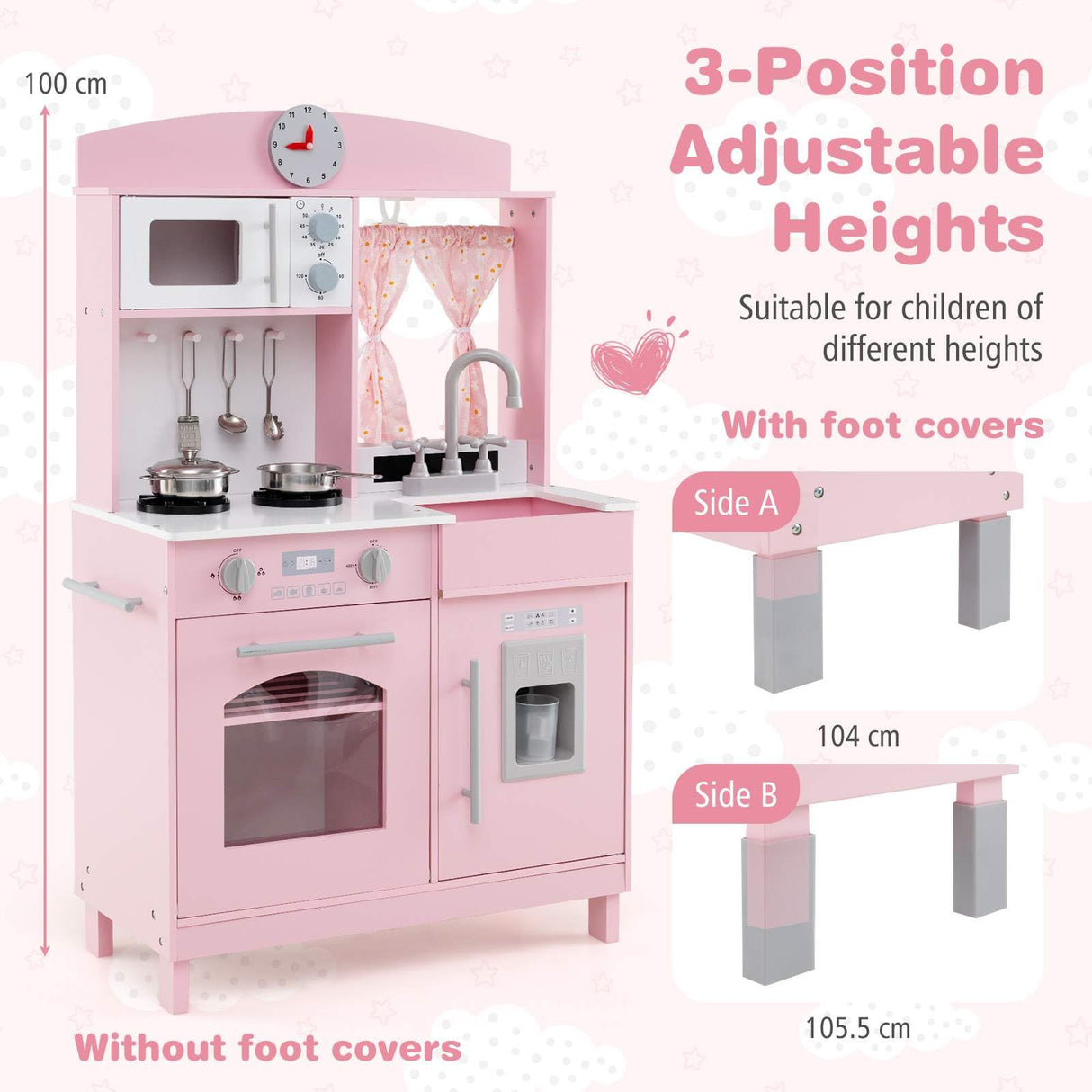 Wooden Play Kitchen for Kids with 3 Adjustable Heights and Stoves and Ice Maker