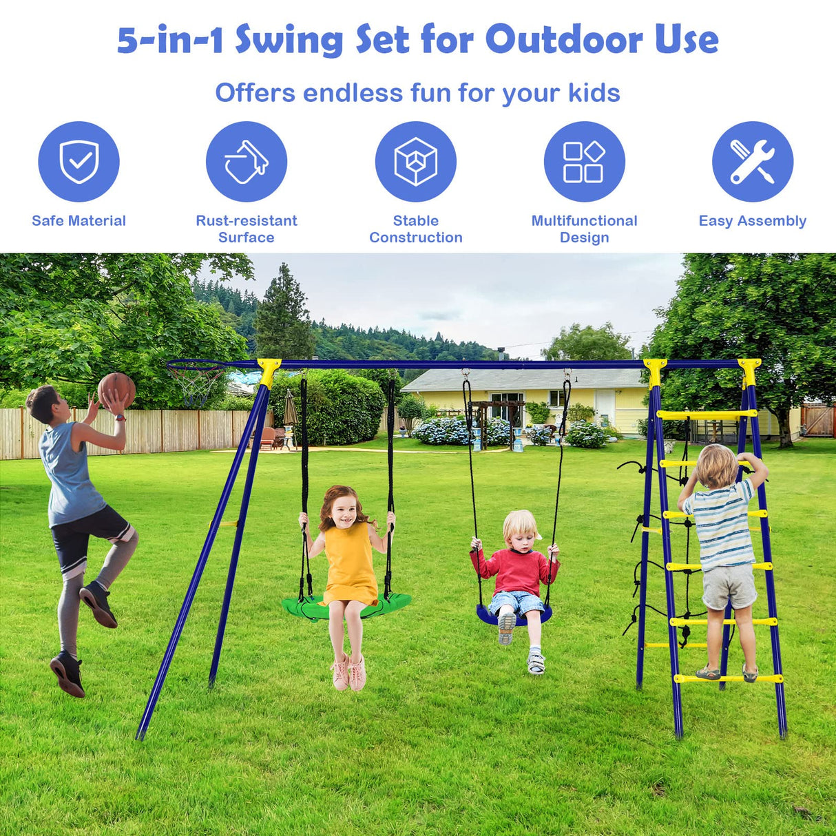 HONEY JOY 5-in-1 Metal Climb and Swing Set with 2 Tree Swings, Climbing Ladder