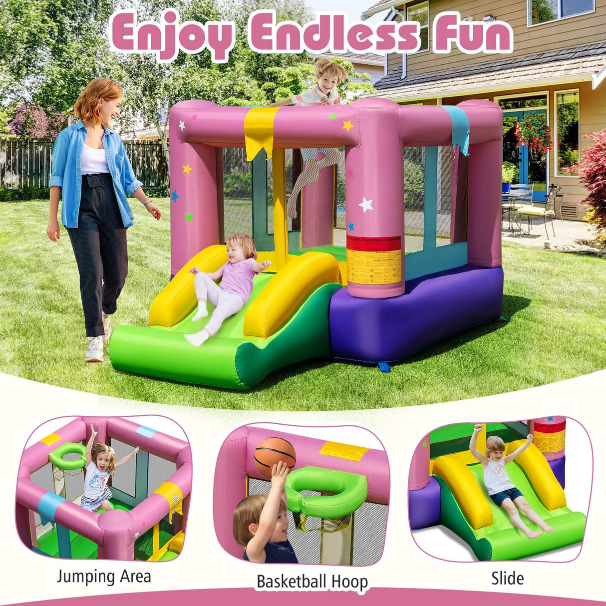 Inflatable Bounce House, Kids Bouncy Castle with Slide & Basketball Rim