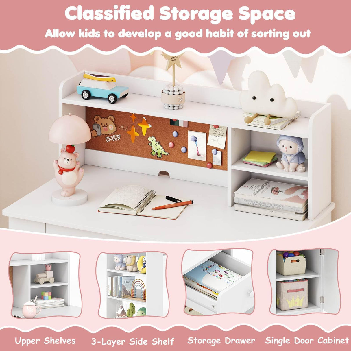 Kids Desk and Chair Set, Children Study Desk with Chair, Hutch & 3-Layer Side Shelf