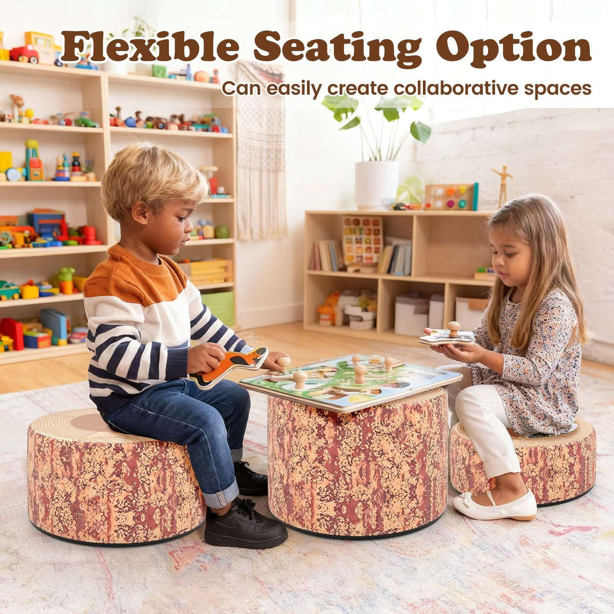 3-Piece Kids Floor Cushions with Wood Printing Nature Decoration