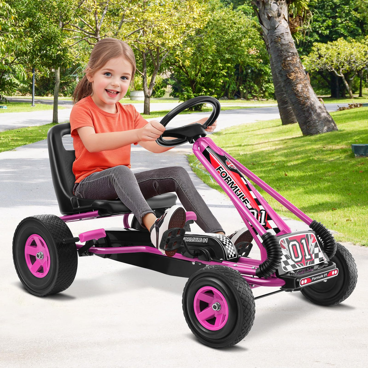 HONEY JOY Kids Pedal Go Kart, 4 Wheel Pedal Powered Ride On Toys