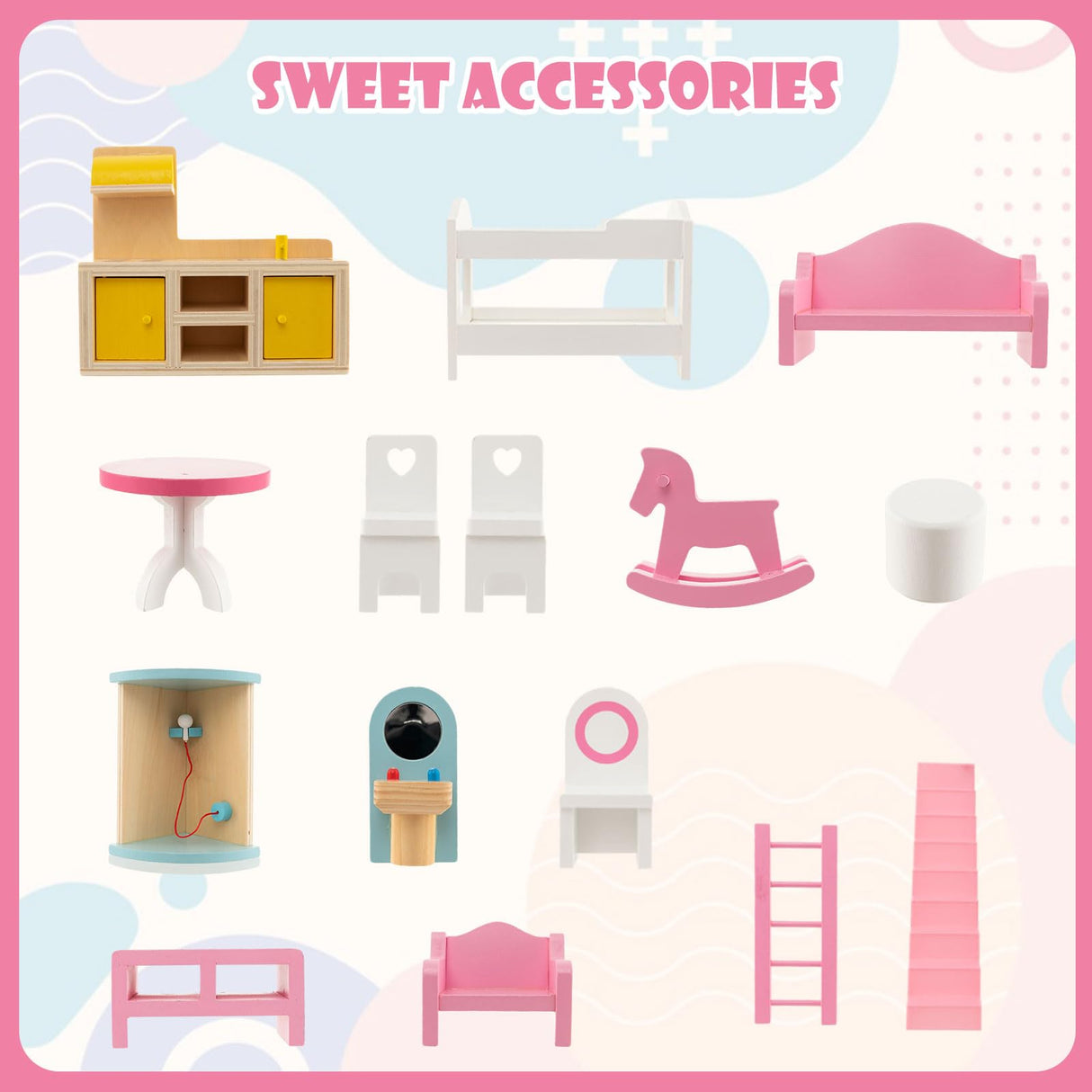 HONEY JOY Kids Wooden Dollhouse Playset w/15 Furniture Accessories