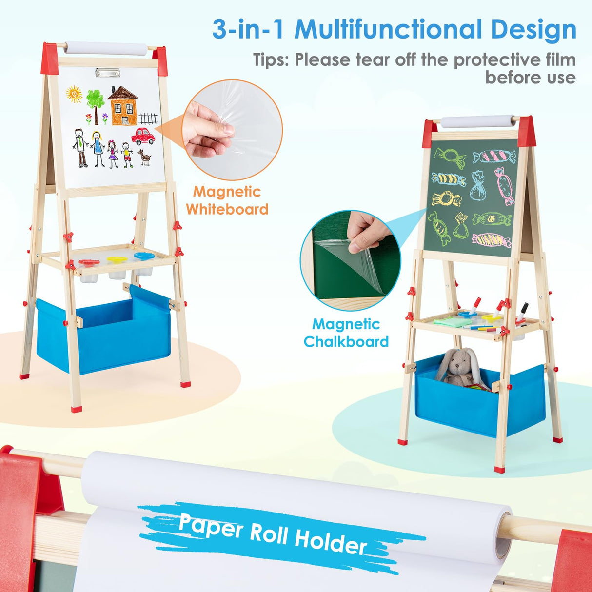 BABY JOY Kids Art Easel, Adjustable Height Double Sided Easel w/Chalkboard & Whiteboard