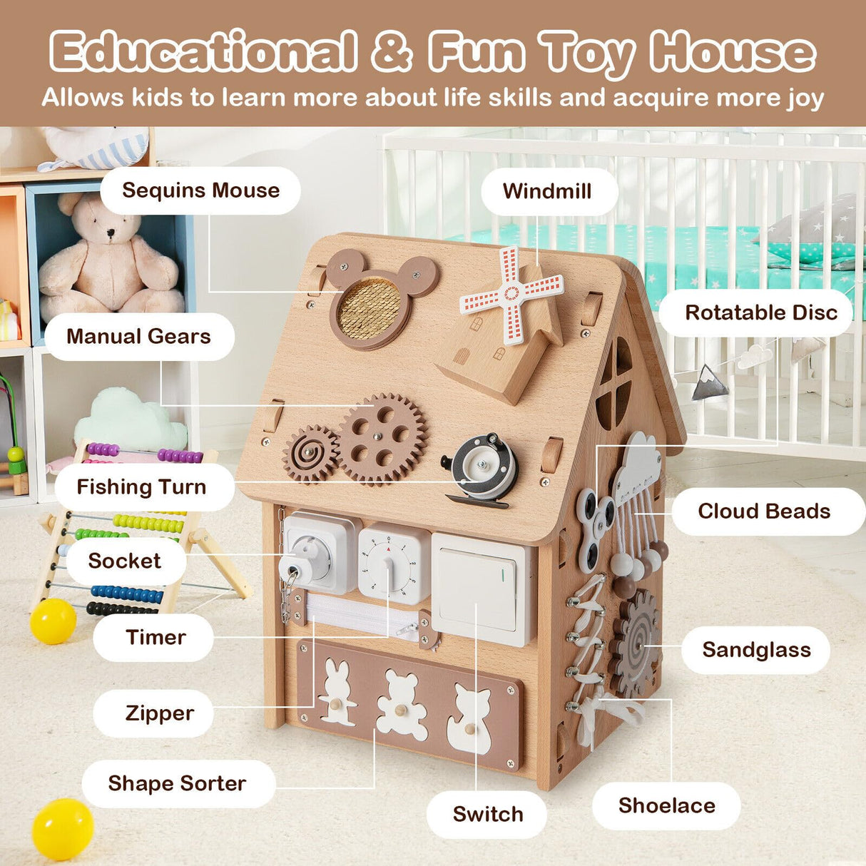 HONEY JOY Kids Montessori Busy House Toy, Wooden Multi-Purpose Play House w/Interior Storage Space
