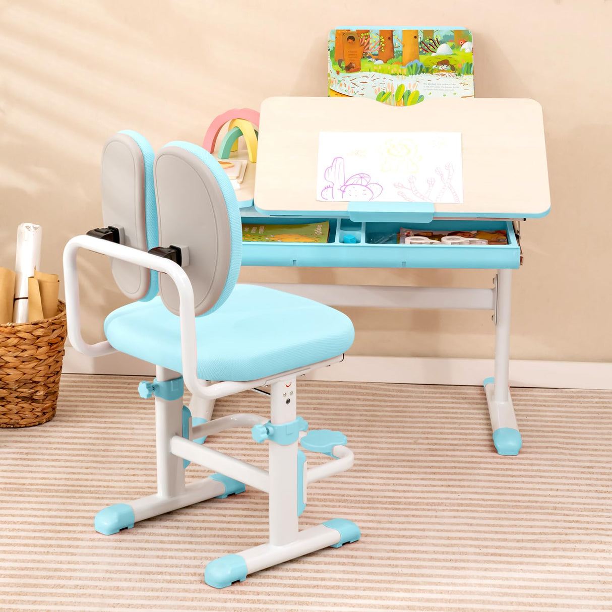 HONEY JOY Kids Desk and Chair Set, Student Study Desk w/Adjustable Height, Tiltable Desktop, Book Stand