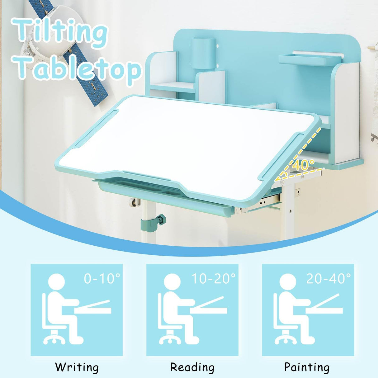 Adjustable study table with tilting tabletop and angle indicators for different activities.