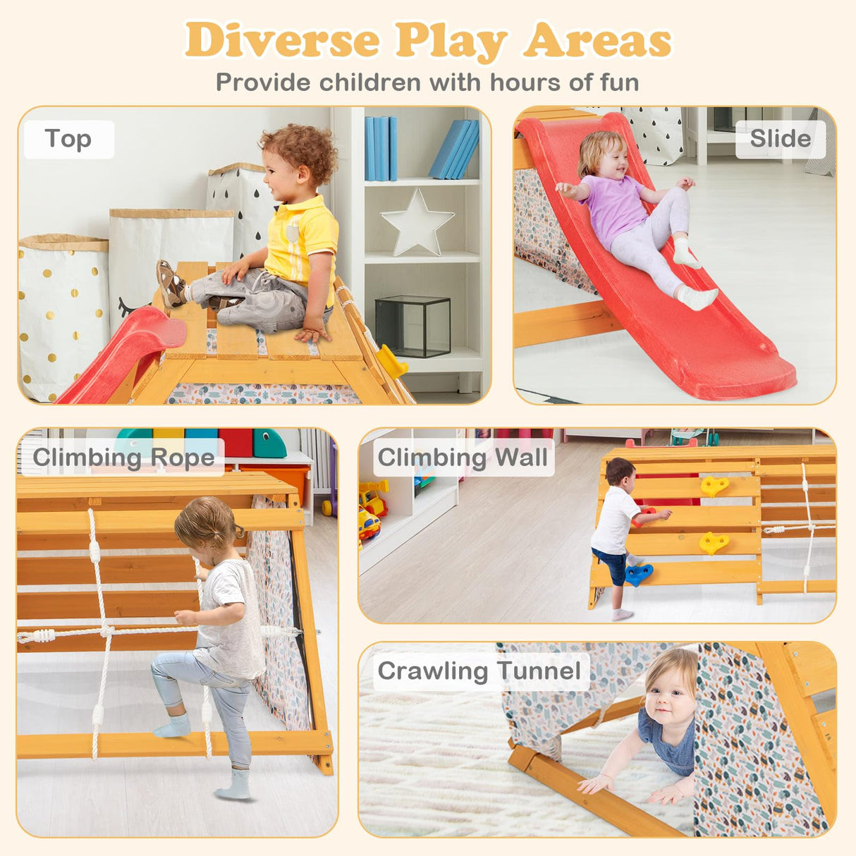 HONEY JOY 5-in-1 Jungle Gym, Wooden Indoor Playground with Slide, Rock Climbing Wall & Rope Wall Climber