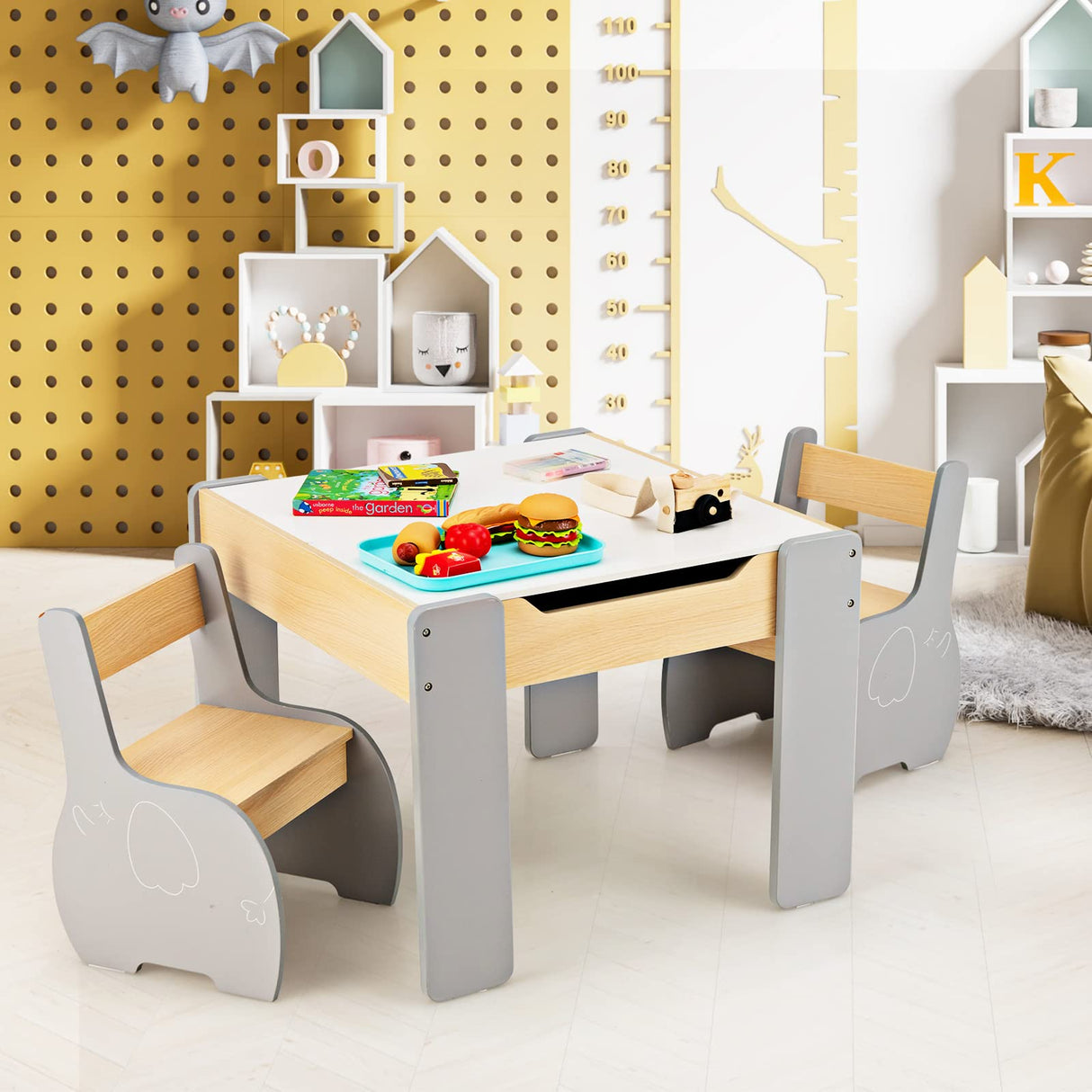 HONEY JOY Kids Table and Chair Set, 3-in-1 Wooden Activity Table and 2 Chairs for Drawing, Studying
