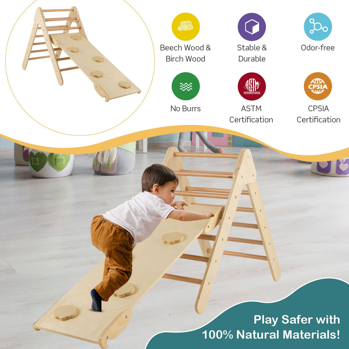HONEY JOY Wooden Climbing Triangle Ladder for Kids, Children Montessori Triangle Climber with Adjustable Angle’s Ramp for Climb