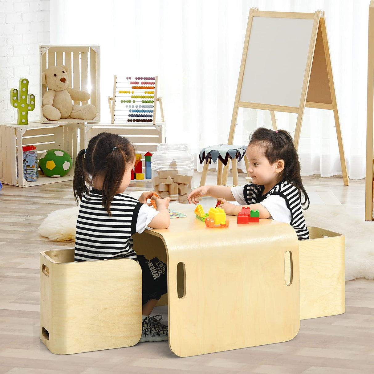 HONEY JOY Kids Table and Chair Set, 3 Pieces Wooden Activity Table Bench w/Storage Shelves