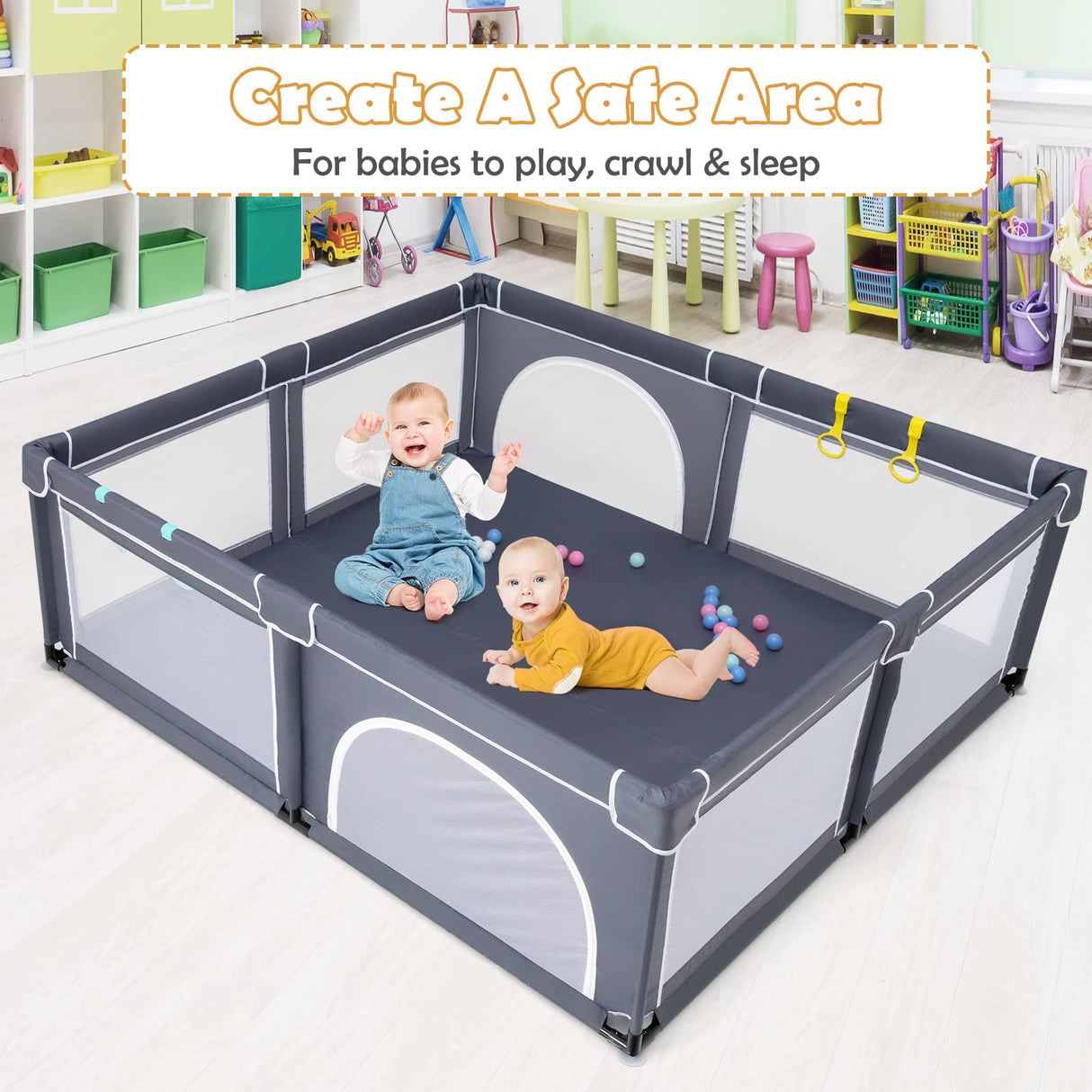 BABY JOY Baby Playpen for Toddler, 206 x 185.5 x 68 cm Large Safety Play Yard with 50 Ocean Balls, 4 Pull Rings