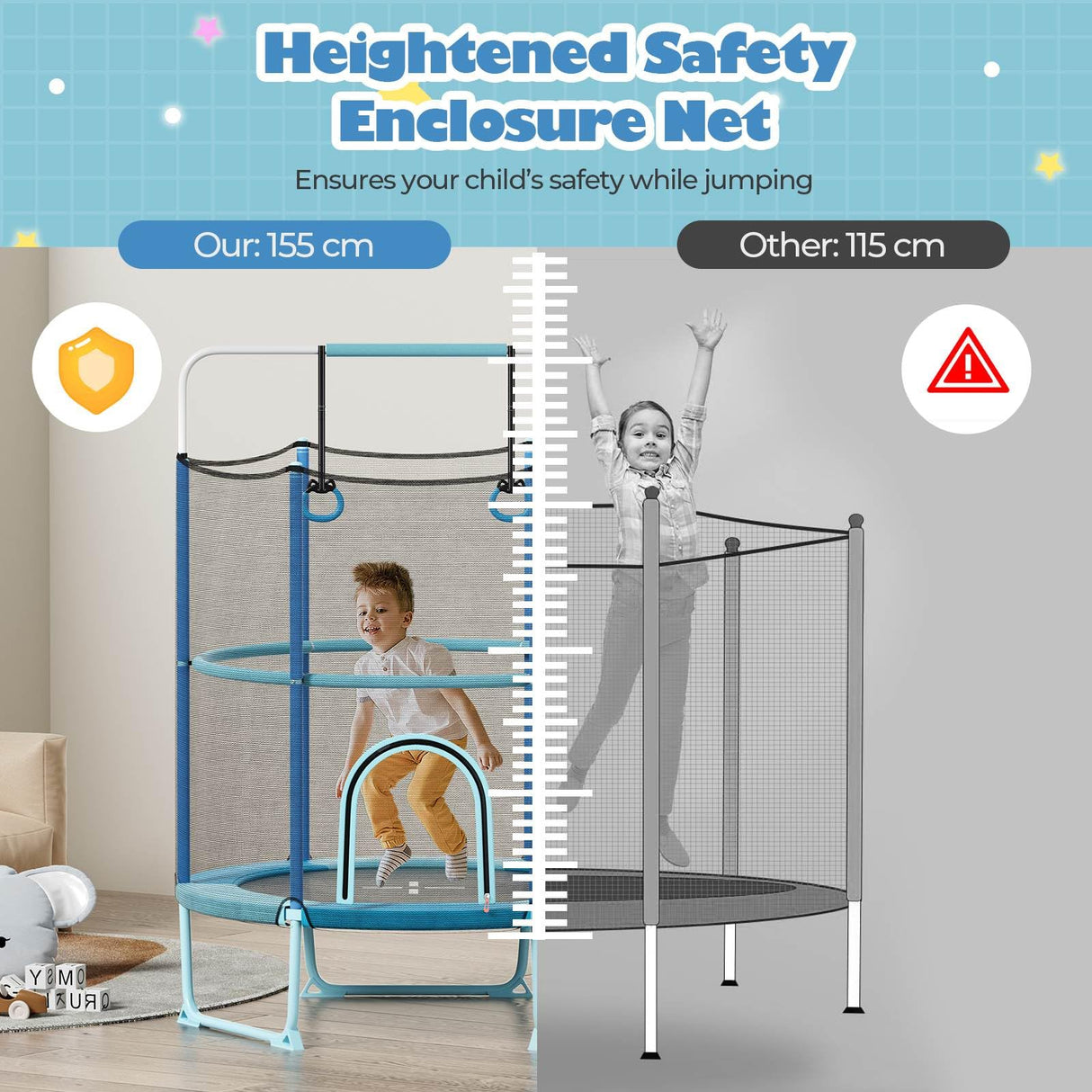 60" Kids Trampoline 5 FT Recreational Trampoline with Gymnastic Bar & Rings Blue