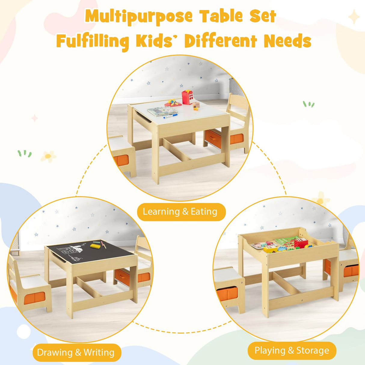 HONEY JOY 3 in 1 Kids Wooden Table & 2 Chair Set