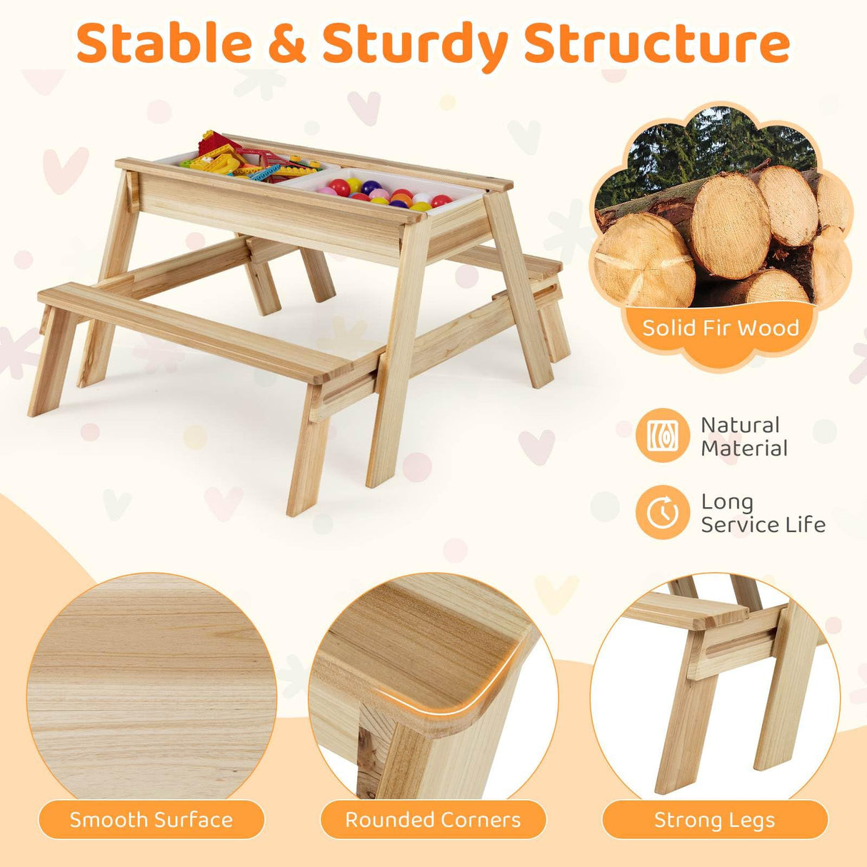 Kids Picnic Table, 4 in 1 Wooden Table & Bench Set with Removable Top & 2 Storage Boxes
