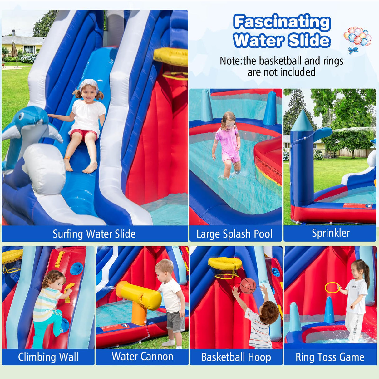 HONEY JOY Inflatable Water Slide, Dolphin Theme Kids Bounce House Water Park w/Long Slide, 2 Splash Pools with 680W Blower