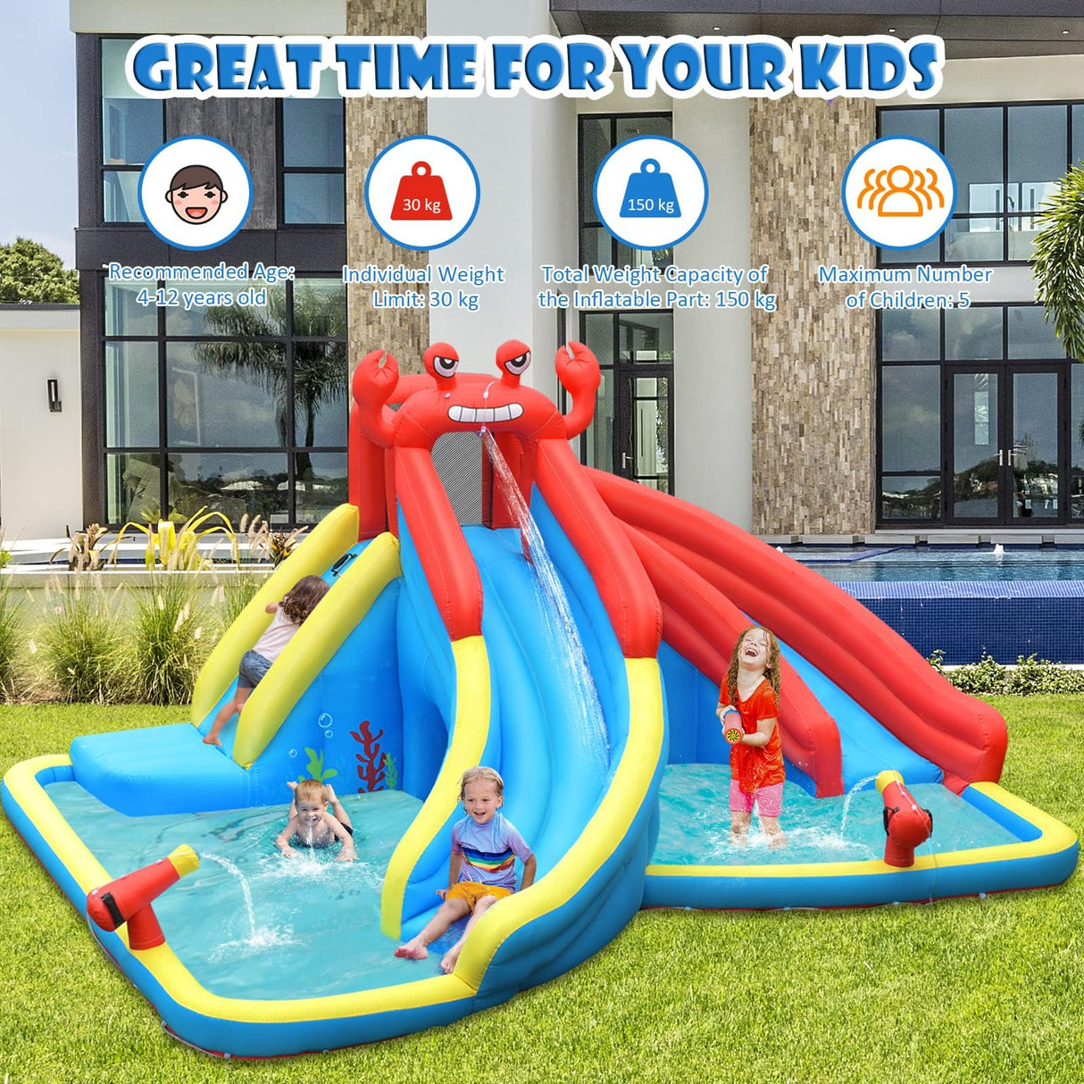 HONEY JOY Inflatable Water Slide, 7 in 1 Giant Water Park Double Long Slide w/Splash Pool, Tunnel Adventure