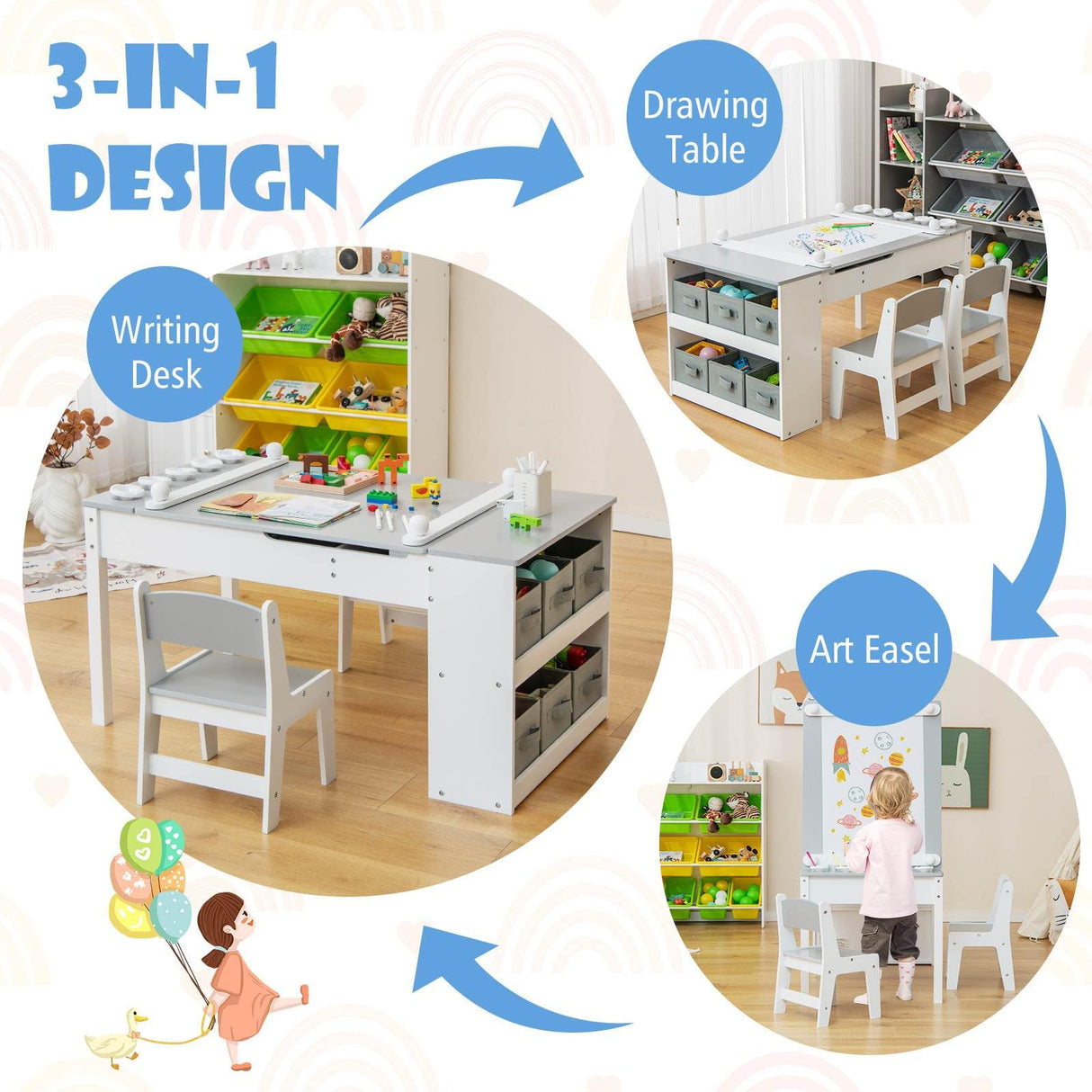 HONEY JOY Kids Table and Chairs Set, 2 in 1 Wooden Art Table & Easel Set for Children with 2 Chairs, 6 Storage Bins