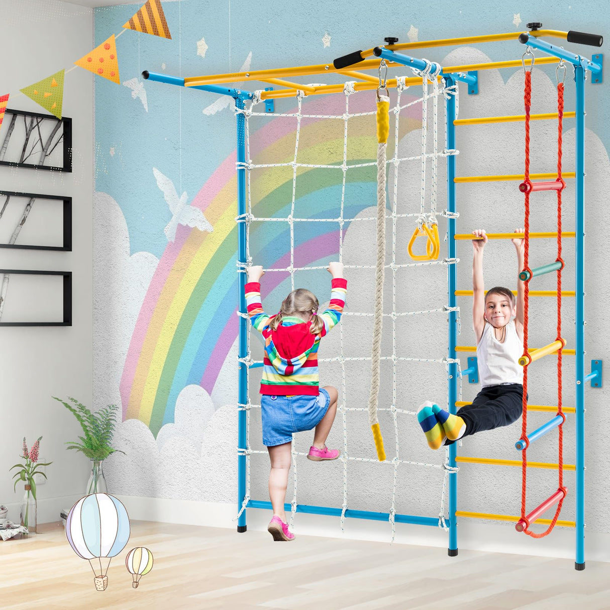 HONEY JOY Indoor Jungle Gym, 7-in-1 Steel Home Playground with Monkey Bars