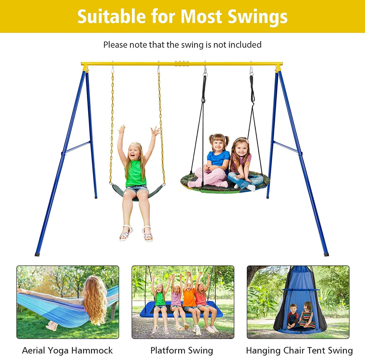 HONEY JOY Kids Swing Set, A-Frame Swing Stand with 2-Pack Swing Sets, 300 kg Weight Capacity Swing Sets