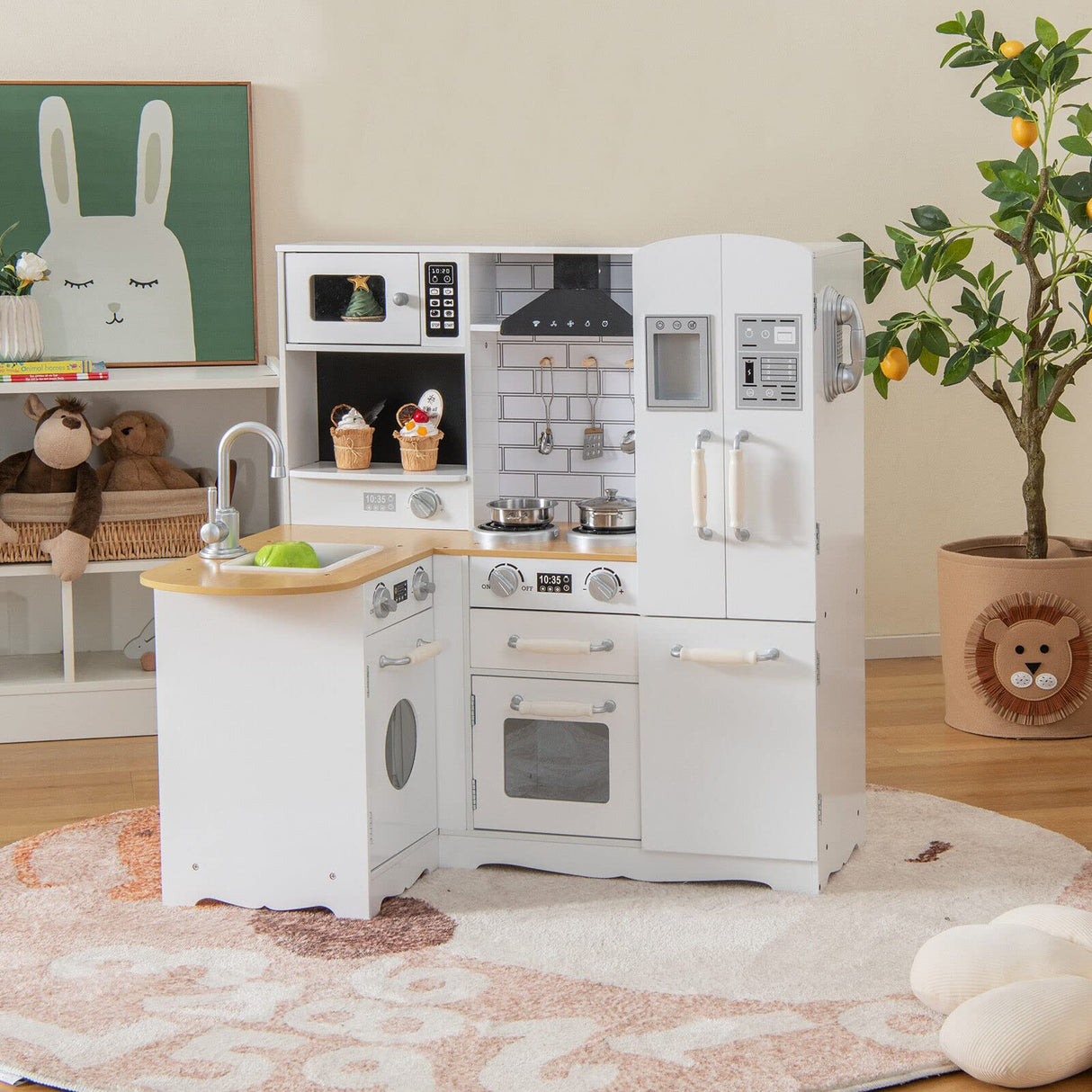 HONEY JOY Kids Corner Kitchen Playset, Wooden Pretend Playset w/Realistic Washing Machine, Microwave Oven