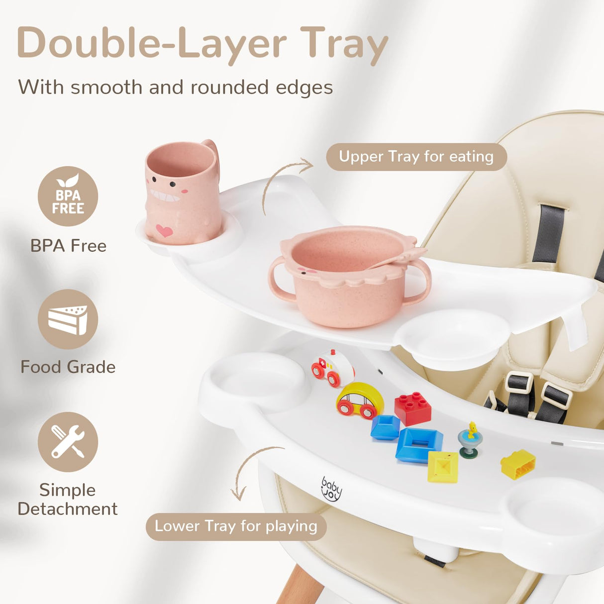 BABY JOY Baby High Chair, Wooden Highchair for Babies Infants w/Double 4-Gear Tray