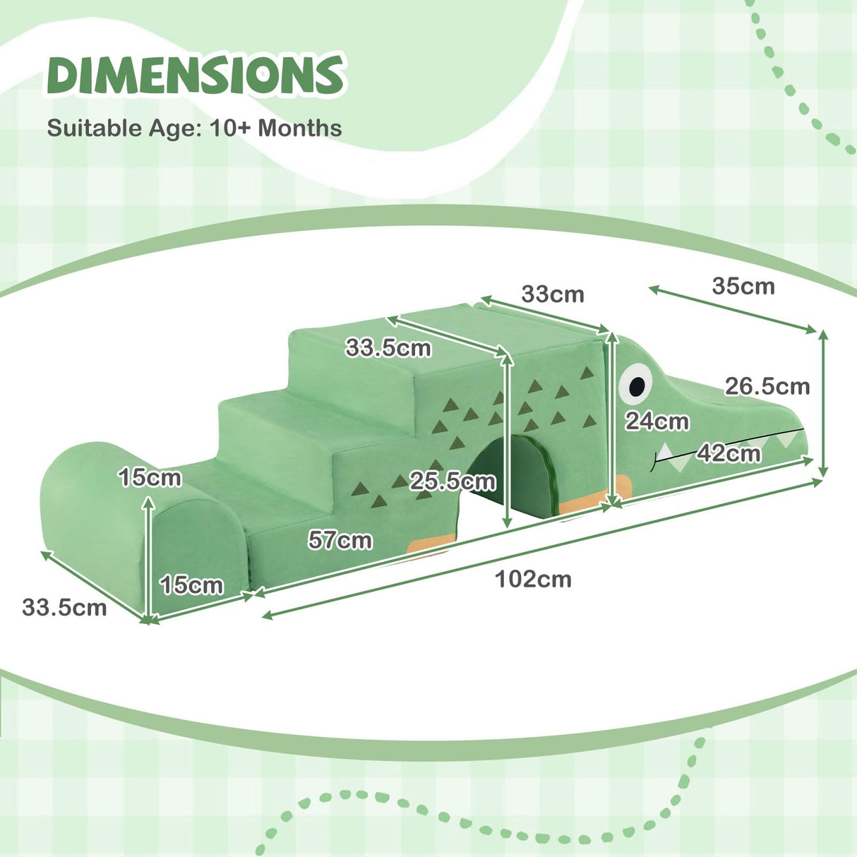 Dimensions of a green children's play structure with measurements on a green background.