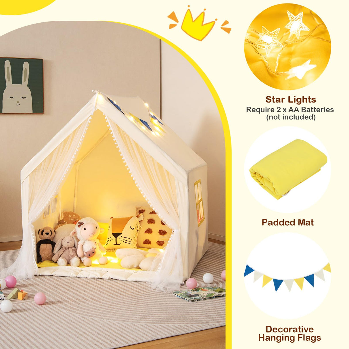 HONEY JOY Large Play Tent, Kids & Toddlers Playhouse with Washable Cotton Mat, Star Lights, Windows