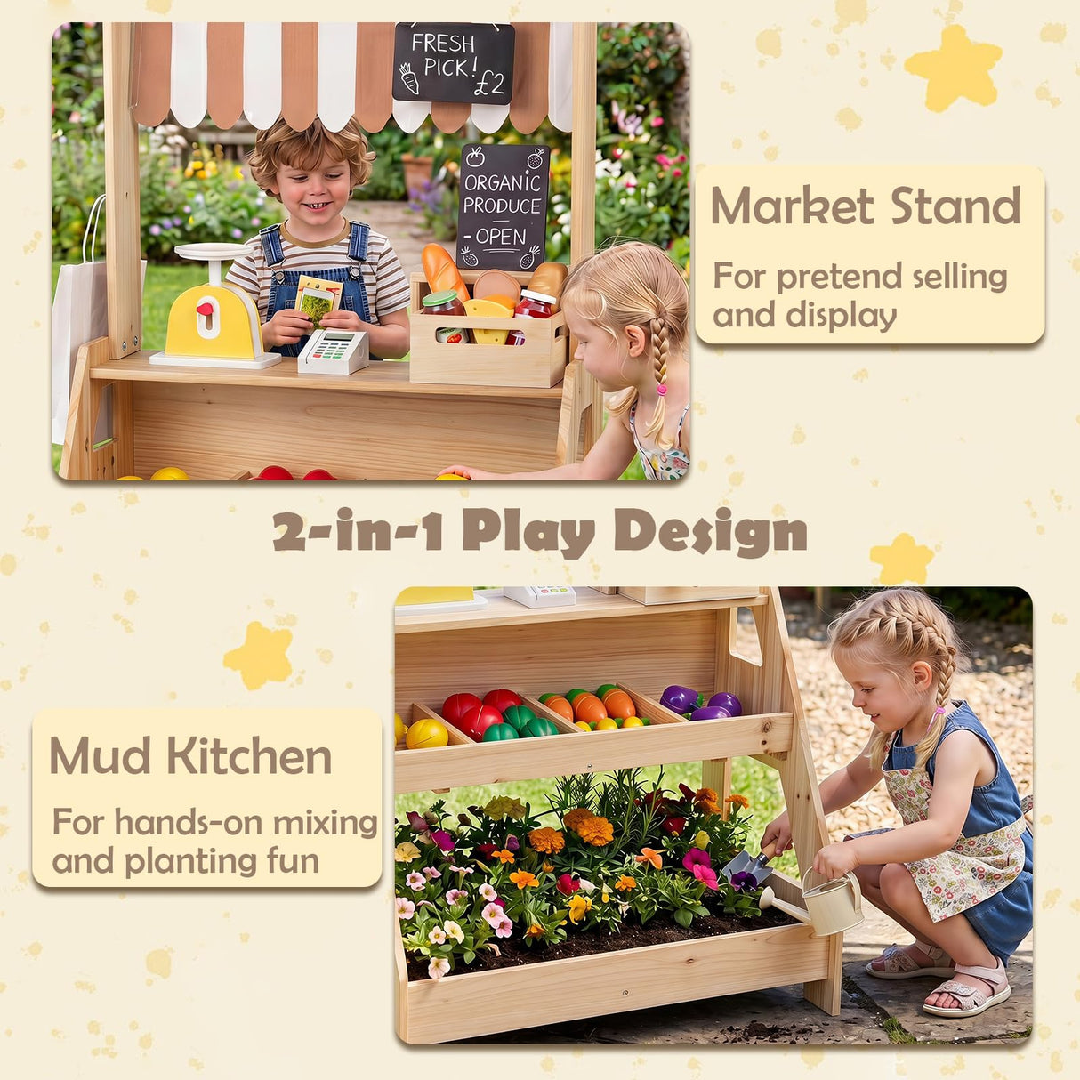HONEY JOY Wooden Mud Kitchen & Market Stand for Kids Outdoor