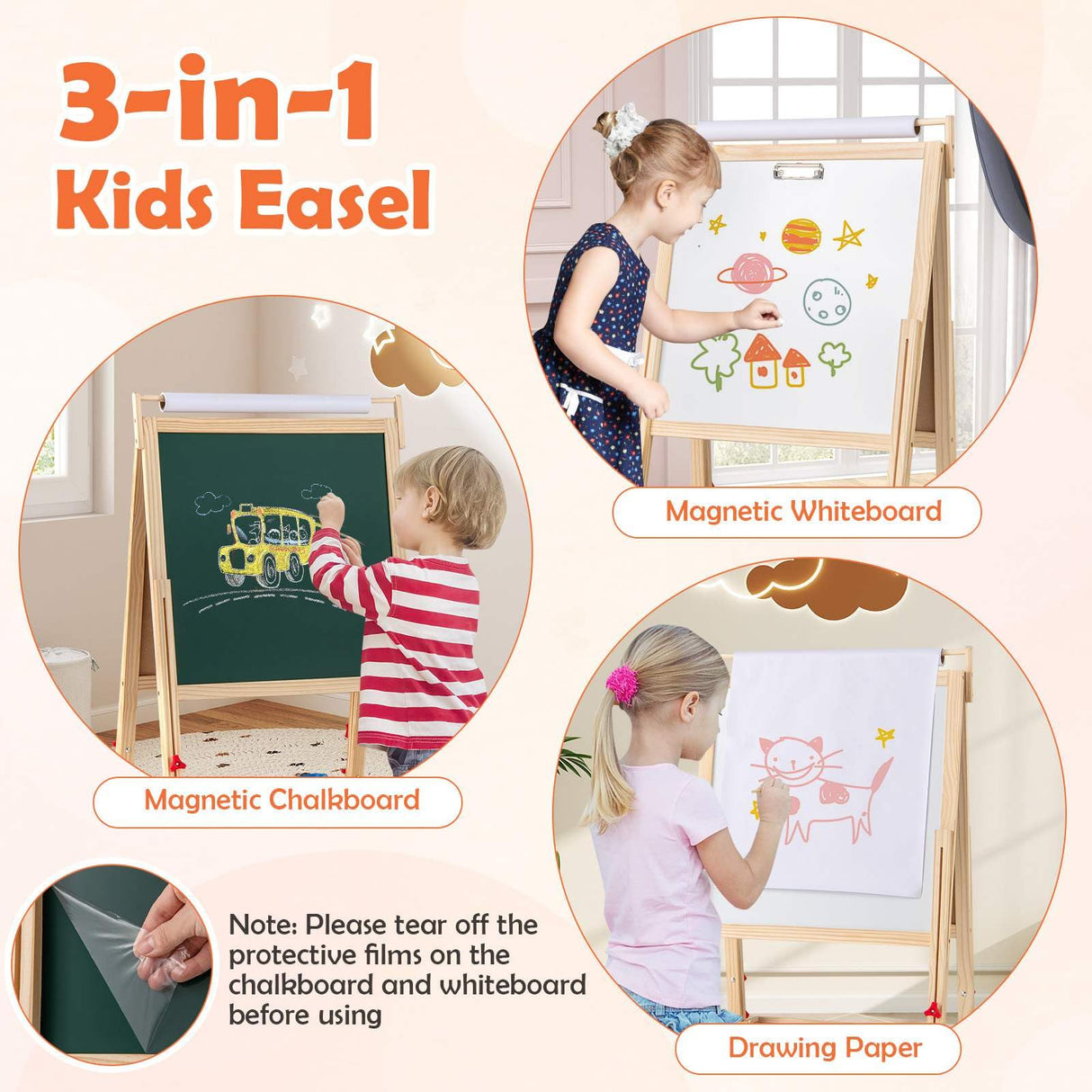 BABY JOY 3 in 1 Easel for Kid, Height Adjustable Wooden Art Easel