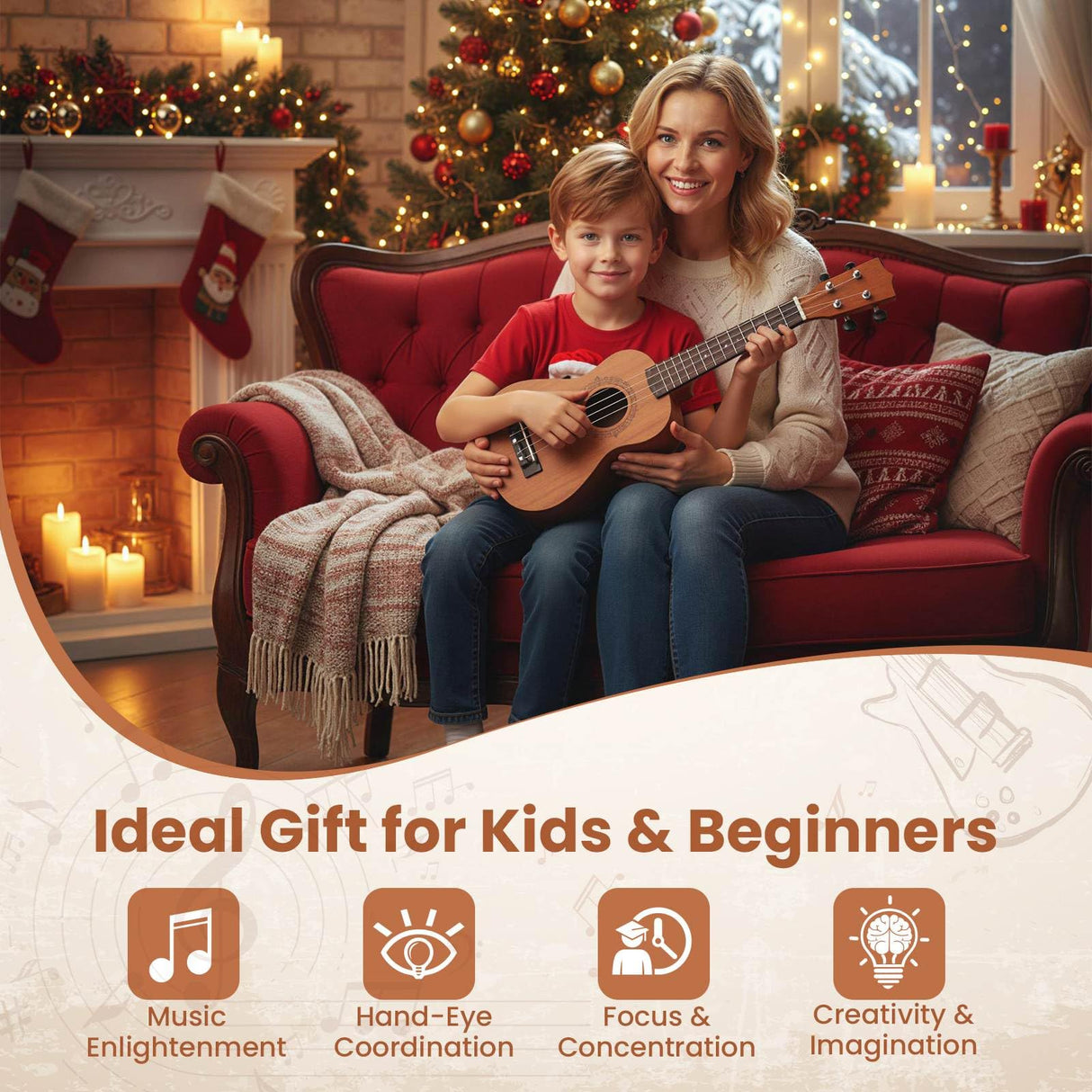 Soprano Mahogany Wooden Ukelele Set with Gig Bag and Adjustable Strap