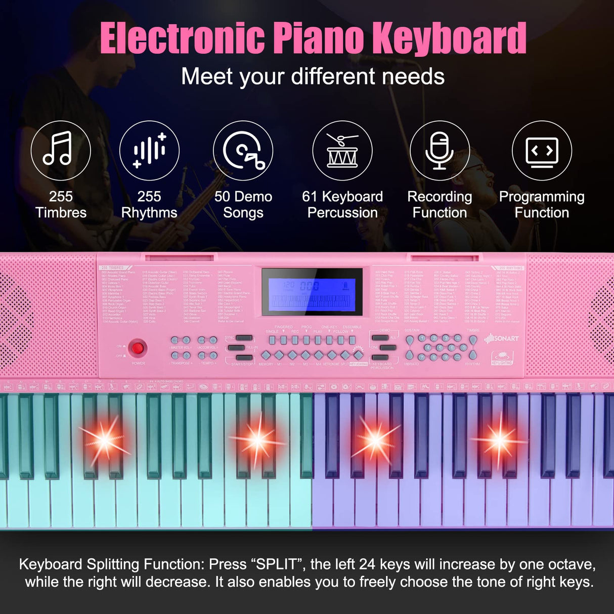 HONEY JOY 61 Key Piano Keyboard, Portable Electronic Keyboard Piano with Lighted Keys, LCD Screen (Pink)