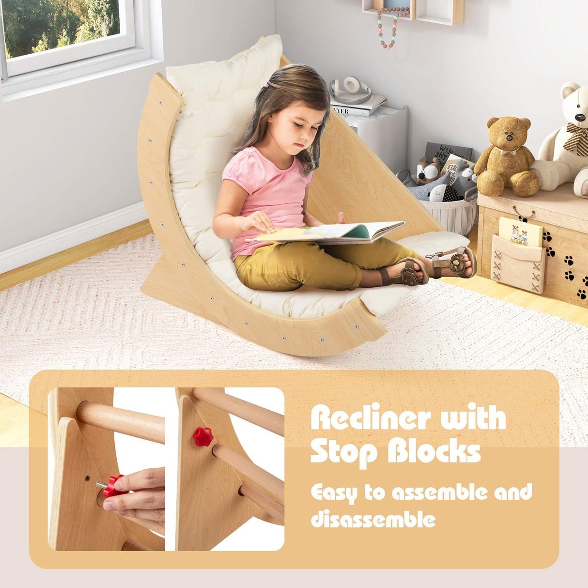 6 in 1 Climbing Arch Playset Wooden Rocker Stoppers Table w/Removable Cushion