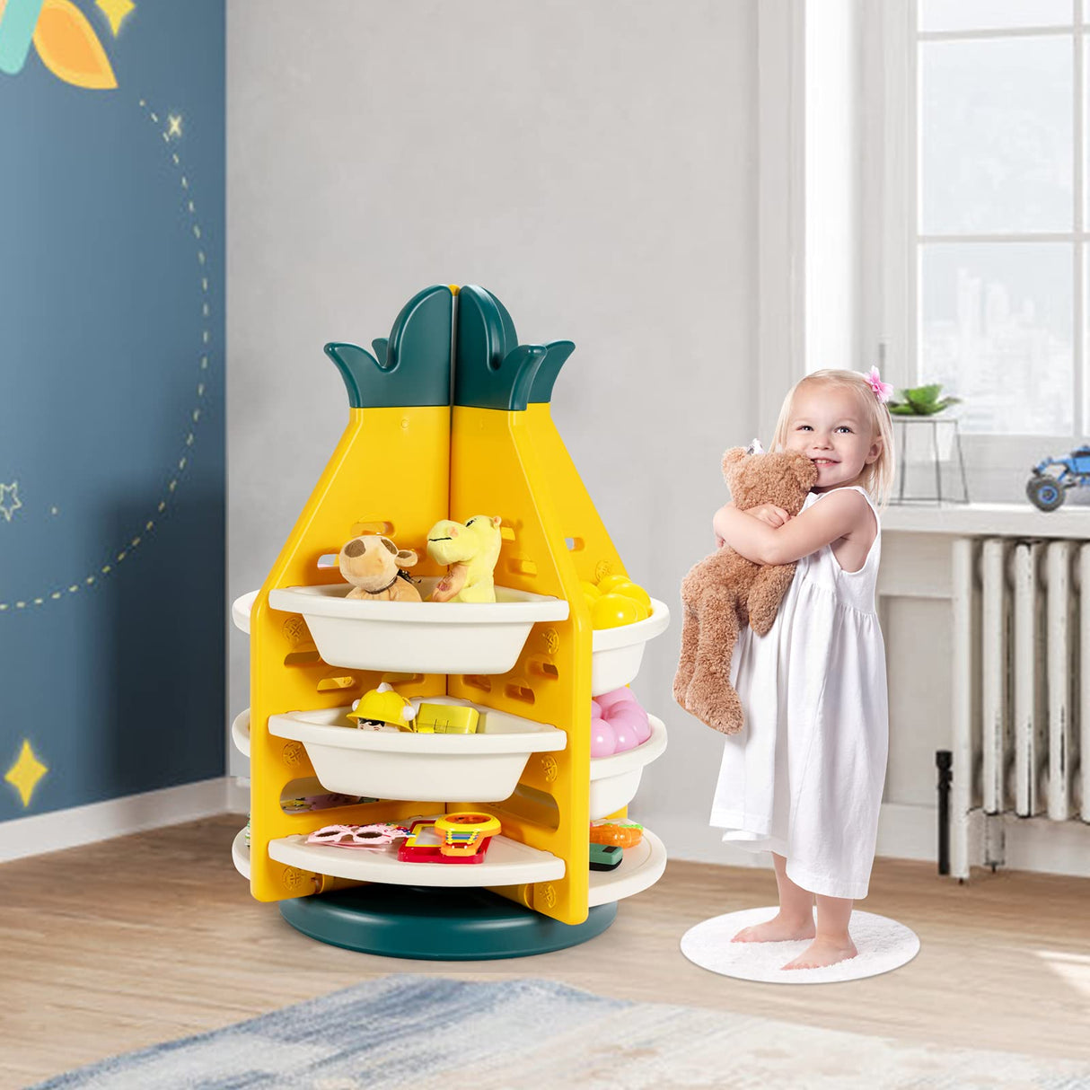 BABY JOY Kids Toy Storage Organiser, 3-Tier 360° Rotating Toy Shelf w/ 8 Bins & 4 Shelves