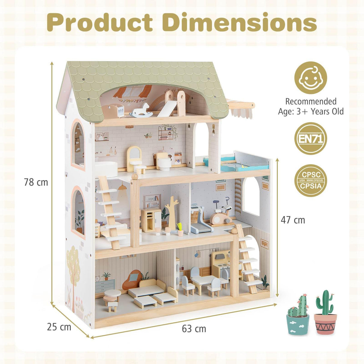 HONEY JOY Wooden Dollhouse, 4-Story Kids DIY Pretend Playhouse