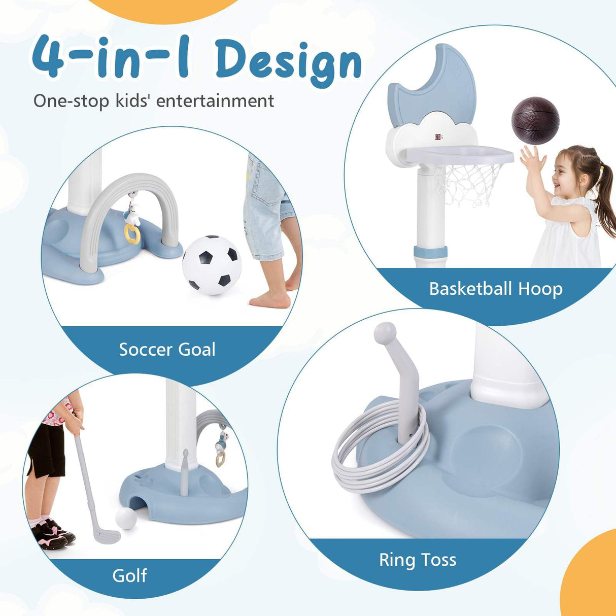 Multi-in-1 Kids Basketball Hoop Adjustable Sports Center Foot Ball Golf Playset
